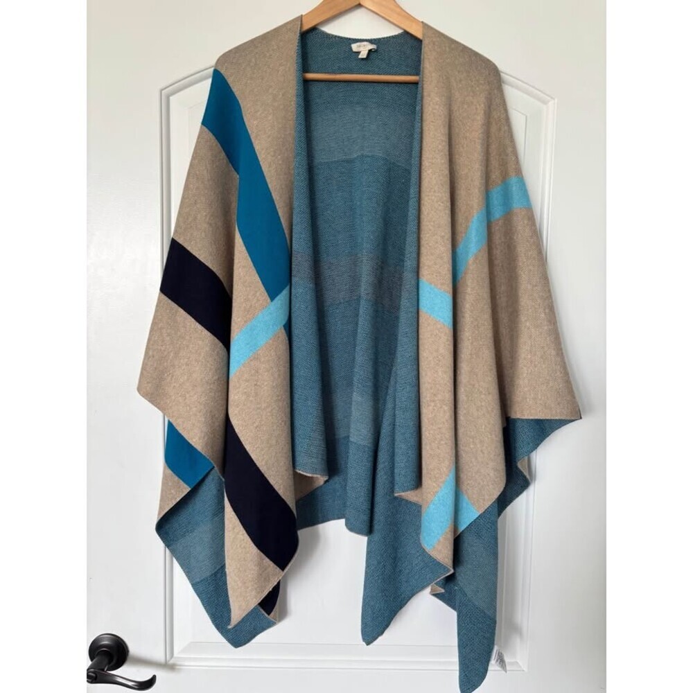 Talbots Colorblock Knit Poncho Wrap OSFA blue tan